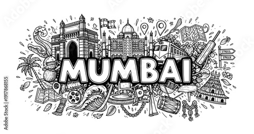 Mumbai doodle art: iconic landmarks and cultural symbols in black and white