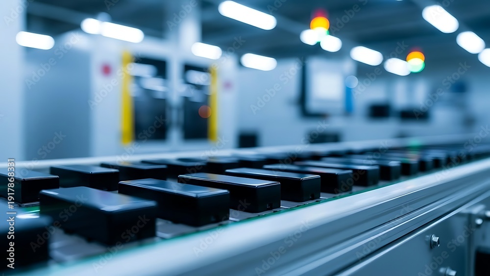 Obraz premium Black rectangular objects on a conveyor belt in an industrial factory setting with modern machinery
