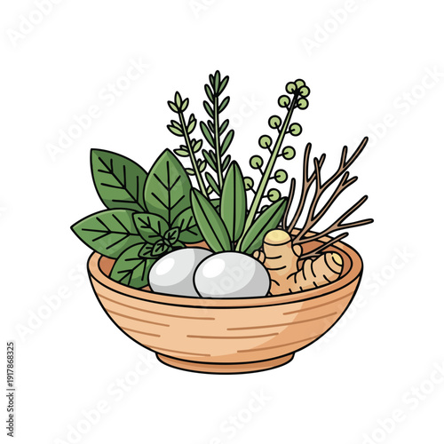 Relaxing herbal bath with natural plants stones and twigs for wellness and stress relief