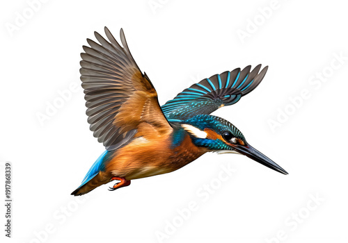 A kingfisher in flight with its wings spread wide isolated on transparent background