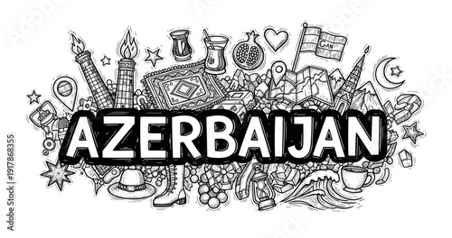 Azerbaijan cultural symbols doodle: carpets, towers, mountains, and tea in monochrome