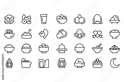 Food icons set dates figs nuts bowl drink and fruits for Ramadan Eid and healthy eating