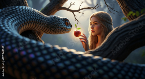 Woman reaching for apple while interacting with snake in forest  
