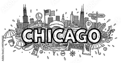 Chicago skyline doodle with iconic landmarks and symbols