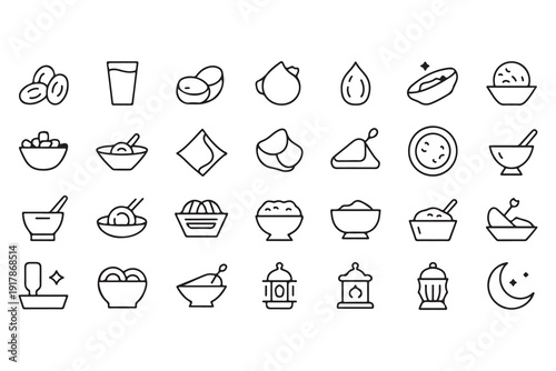 Minimalist ramadan food and religious symbols linear icons for iftar meal planning and cultural celebration