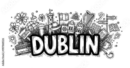 Dublin landmarks and symbols in detailed black and white illustration