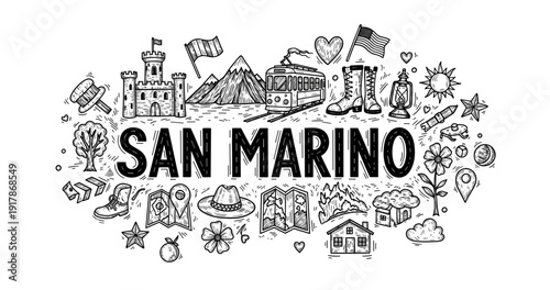 San marino landmarks and culture doodle: castle, flag, trolley, mountains, heart, boots, map