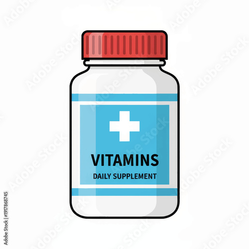 Vector illustration of a vitamin supplement bottle. Flat design medical icon for health and wellness. Pharmaceutical container isolated on white background