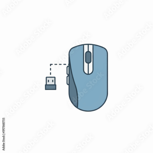 Wireless computer mouse icon. Flat design vector illustration of a PC peripheral with USB receiver. Technology hardware graphic isolated on a white background