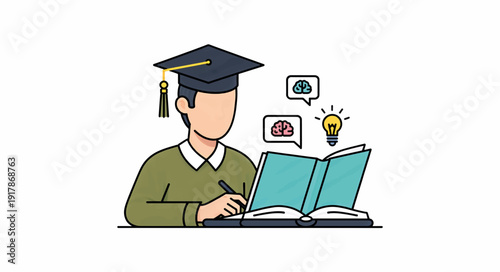 Student with graduation cap reading book. Flat design vector illustration of education and idea concept. Line art graphic isolated on white background