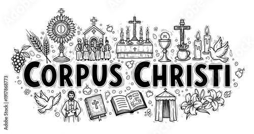 Corpus christi celebration symbols: eucharist, chalice, altar, candles, bible, clergy