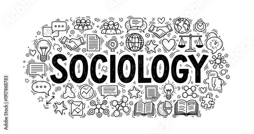 Sociology concept with hand-drawn icons of society, communication, and culture