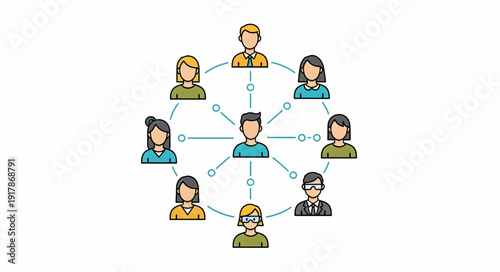 Virtual team network and remote work concept. Flat design vector illustration of people connected in a circle. Global collaboration and leadership graphic