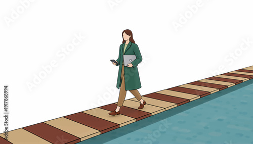 Business woman walking on wooden path by water. Flat design vector illustration of digital nomad with laptop and smartphone. Remote work and modern lifestyle concept isolated on white