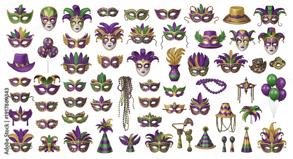 Fototapeta premium Mardi gras accessories collection including masks hats jewelry and decorations in purple green and gold on white background