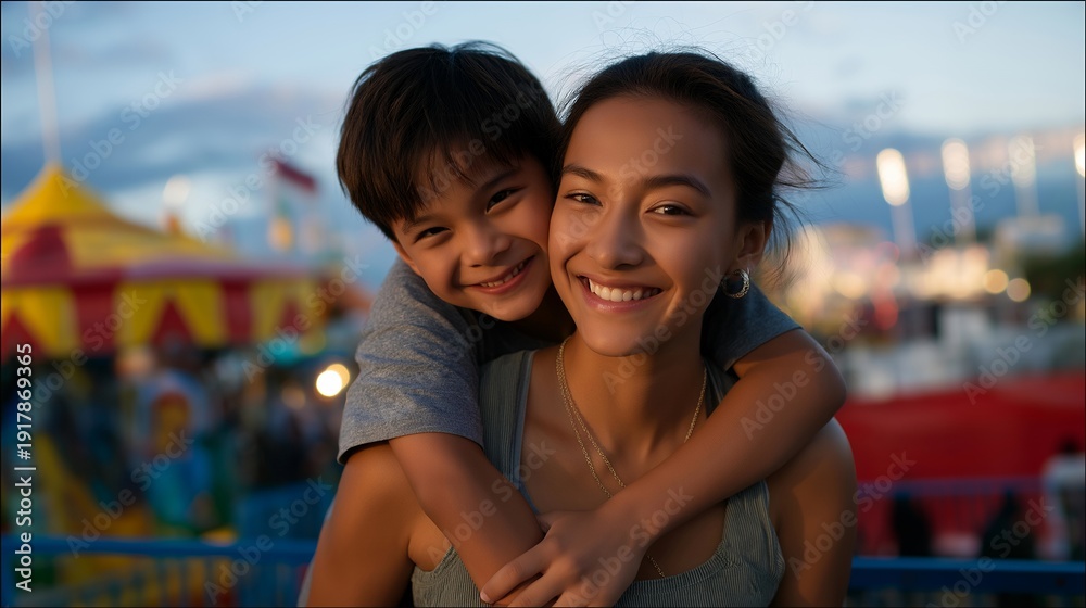 Fototapeta premium Fun family outing characterized by a joyful piggyback ride at a dazzling amusement park, surrounded by thrilling rides and excitement. Bright colors and spirited laughter fill the air as parents