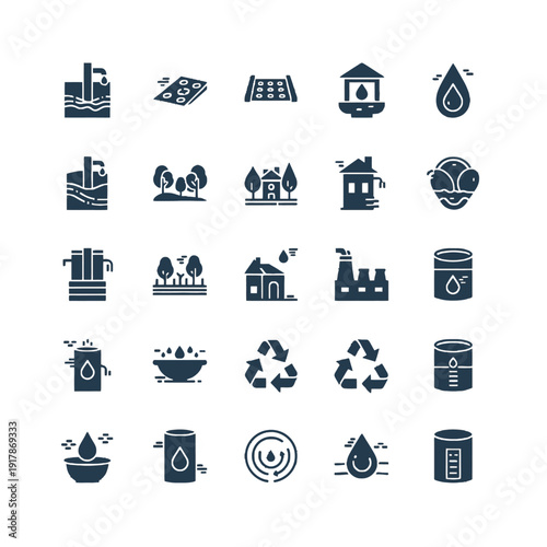 Minimalist vector icons for water stewardship and climate adaptation featuring groundwater recharge wells permeable driveways and xeriscape gardens in deep slate blue