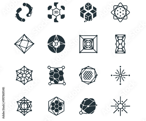 Minimalist vector icons for algorithmic manufacturing and bionic engineering featuring evolutionary design paths voxel models and honeycomb cores in charcoal blue-black