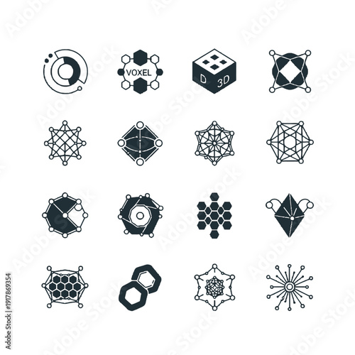 Minimalist vector icons for algorithmic manufacturing and bionic engineering featuring evolutionary design paths voxel models and honeycomb cores in charcoal blue-black