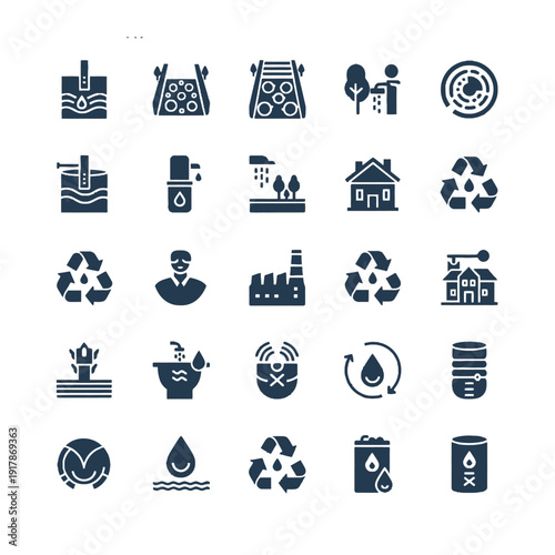 Minimalist vector icons for water stewardship and climate adaptation featuring groundwater recharge wells permeable driveways and xeriscape gardens in deep slate blue