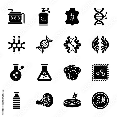 Professional minimalist vector icons for bio-manufacturing and synthetic biology featuring bioreactors cellular leather and mycelium molds in a bold black style