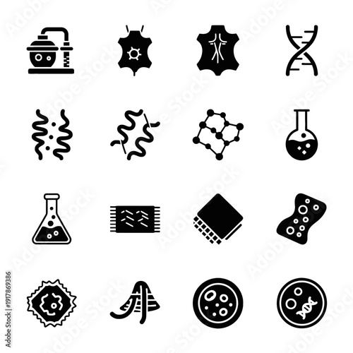 Professional minimalist vector icons for bio-manufacturing and synthetic biology featuring bioreactors cellular leather and mycelium molds in a bold black style