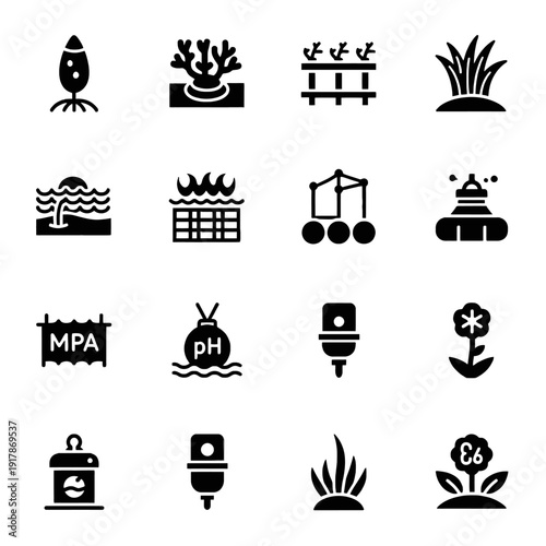 Professional minimalist vector icons for marine restoration and blue carbon ecosystems featuring coral nurseries mangrove propagules and seagrass transplants in a bold black style