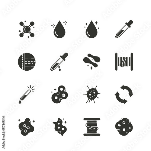 Minimalist vector icons for lab-grown materials and regenerative textiles featuring collagen fibers bio-plastic resins and synthetic silk spools in deep obsidian green