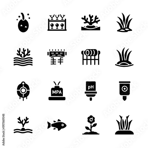 Professional minimalist vector icons for marine restoration and blue carbon ecosystems featuring coral nurseries mangrove propagules and seagrass transplants in a bold black style
