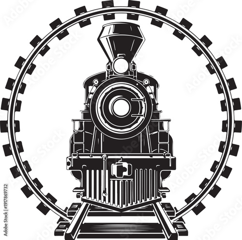 Front view of vintage steam locomotive engine with railroad track, circular railway frame, old retro train isolated vector illustration