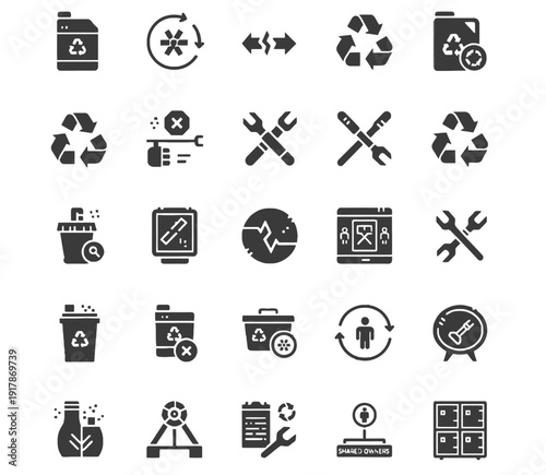 Minimalist vector icons for zero-waste systems and product maintenance featuring refill stations repair transitions and disassembly guides in charcoal gray