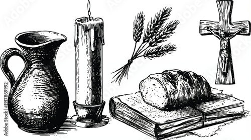 Vintage christian still life with bread book candle and jug on white