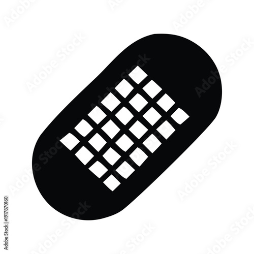 Graphic black silhouette icon of an adhesive bandage or band-aid, symbolizing first aid, medical care, and wound healing for health and safety applications