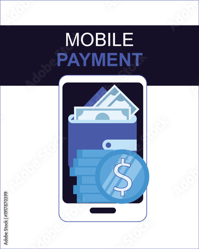 Minimalist mobile payment concept featuring a digital wallet with cash and coins on a smartphone screen.