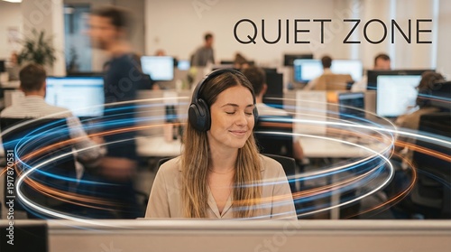 A woman peacefully enjoying the Quiet Zone with headphones on in a busy office setting