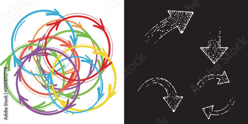 A vibrant tangled nest of colorful circular arrows in a continuous loop alongside a set of white, stippled arrows on a black background. Perfect for representing complex processes and cycles.