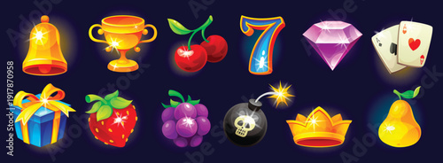 Vibrant collection of glossy game symbols featuring lucky 7, trophy, diamond, and fruit icons for arcade slots.
