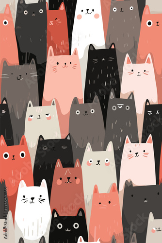 Cute cat pattern creating seamless animal background texture. Many cute cats with different expressions forming a seamless animal pattern