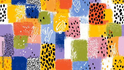 Abstract animal skin pattern with colorful blocks. Seamless collage pattern featuring diverse animal print textures and abstract color blocks