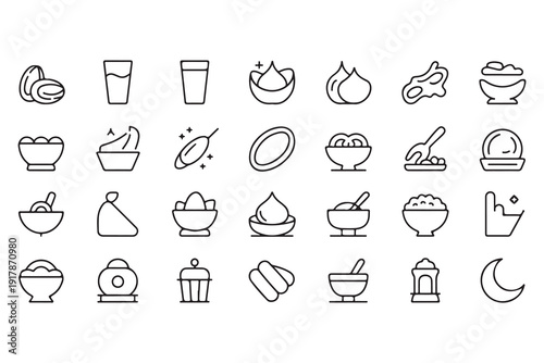 Ramadan food line icons set. iftar meal outline illustration. traditional muslim dish collection