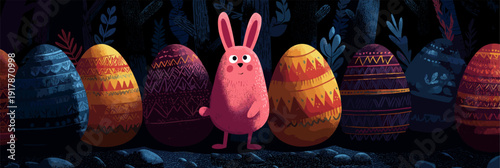 Bunny peeking from behind colorful Easter eggs greeting card. Bunny character hiding among patterned Easter eggs and dark foliage, celebrating the spring holiday