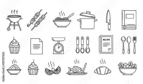 Premium culinary linear illustration set for cookbooks restaurant menus and food banners vector
