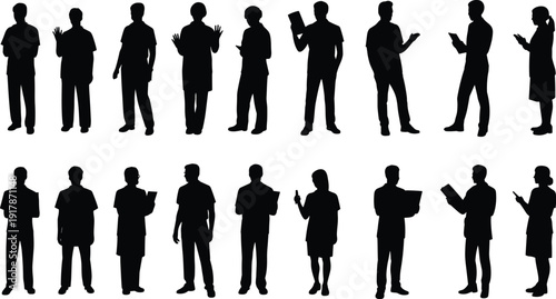 Business people silhouettes collection showing professional men and women standing poses, holding documents and using mobile devices, corporate teamwork concept, isolated black figures..