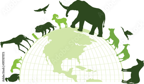 Global wildlife conservation concept featuring animal silhouettes walking around a green earth globe.
