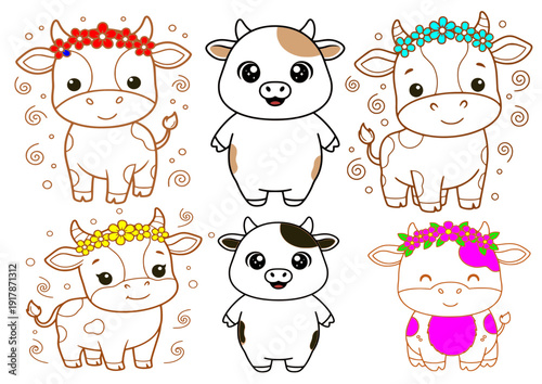 set of funny cartoon animals, baby cow cute`s