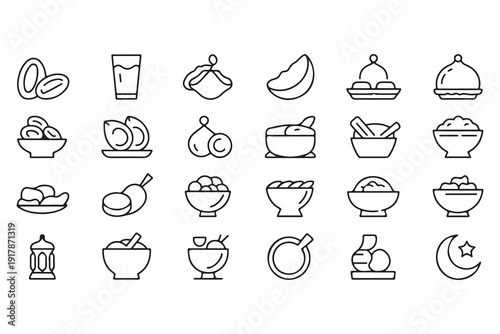 Arabic cuisine symbols linear icons including dates fruit bowl soup water glass lantern moon and star set