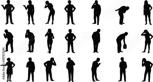 Business people silhouettes set showing men and women standing in different poses, thinking and talking gestures collection, corporate communication concept, isolated black figures.