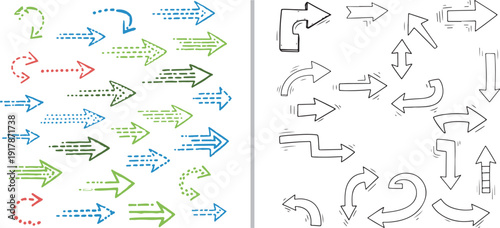 A diverse collection of stylized vector arrows including hand-drawn sketches, blocky outlines, and dotted patterns in various colors to indicate direction, flow, and movement.