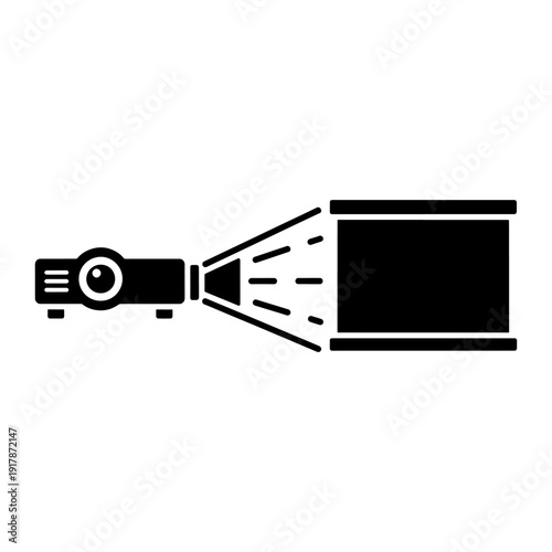 A simple black silhouette of a film projector casting light on a screen silhouette