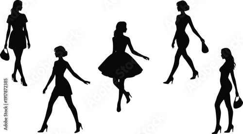 Elegant fashion woman silhouettes set walking in high heels with handbag, stylish female model collection, glamour lifestyle and shopping concept, isolated black figures on white background.